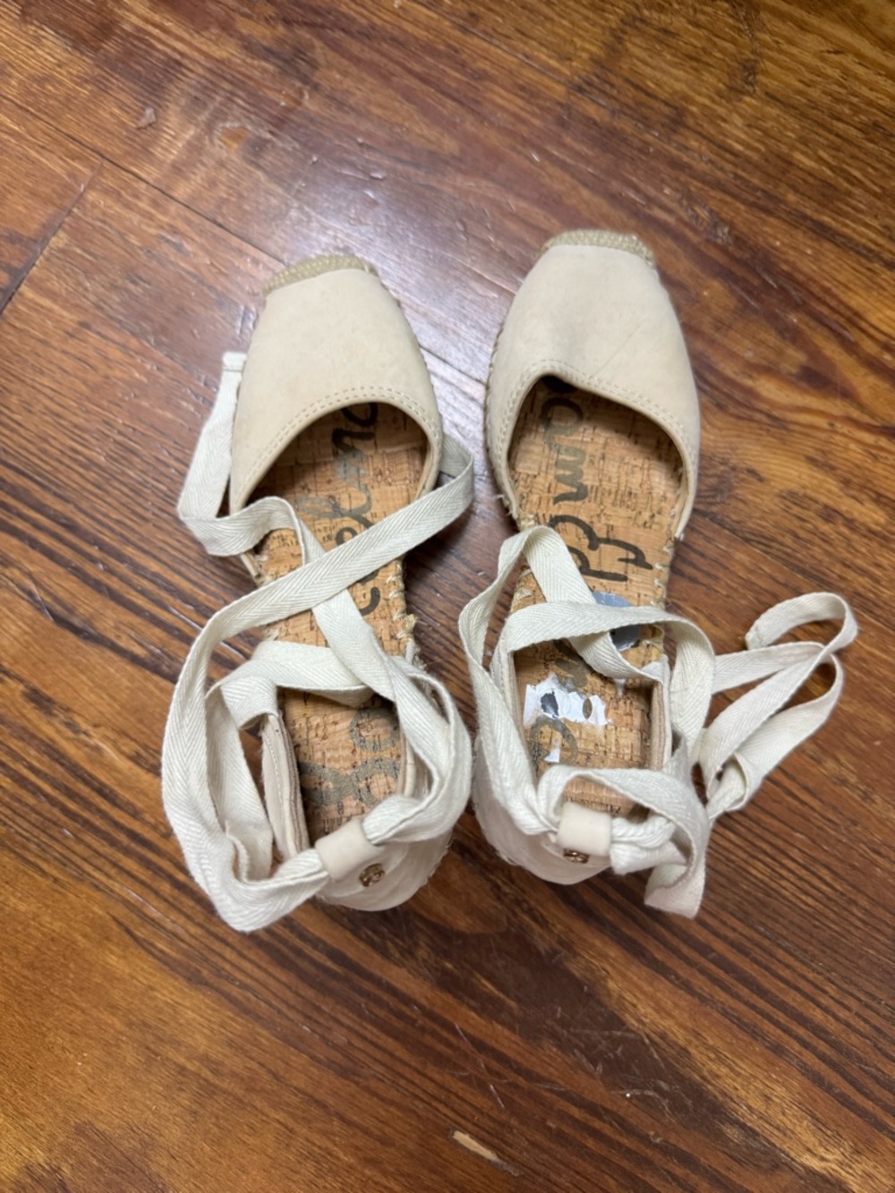 Sam Edelman Leather Beige Espadrille Wedge Sandals with Ankle Ties - Picture 3 of 6